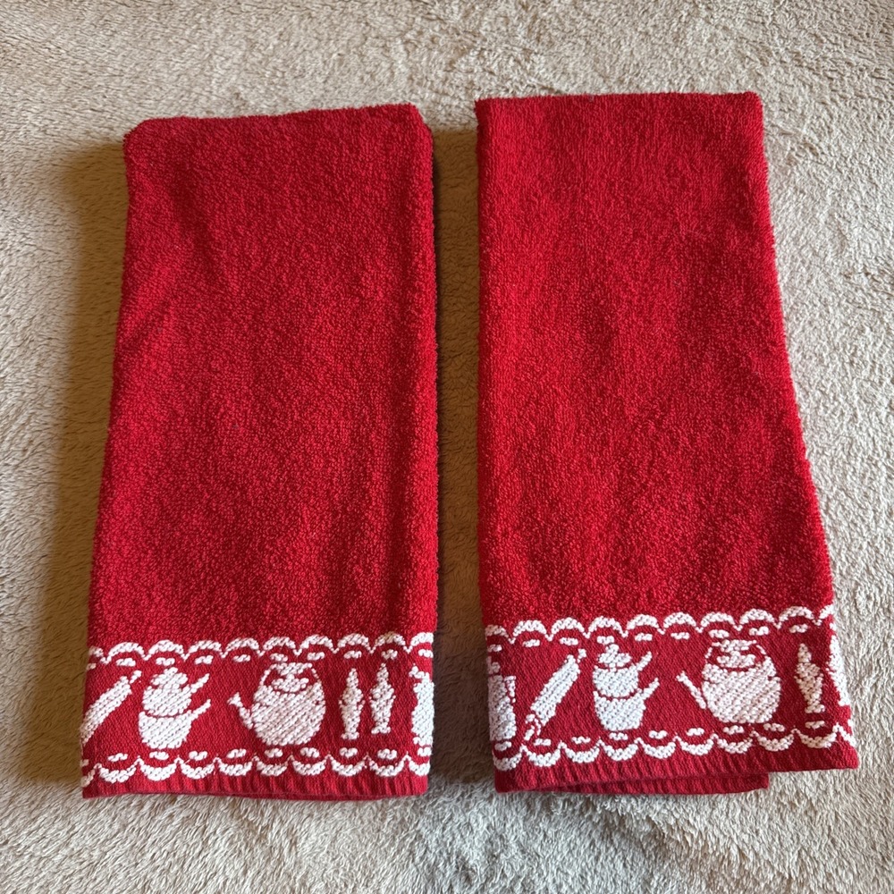 Vtg MCM Callaway Red Country Kitchen Hand Towels Coffee Tea Rolling Pin